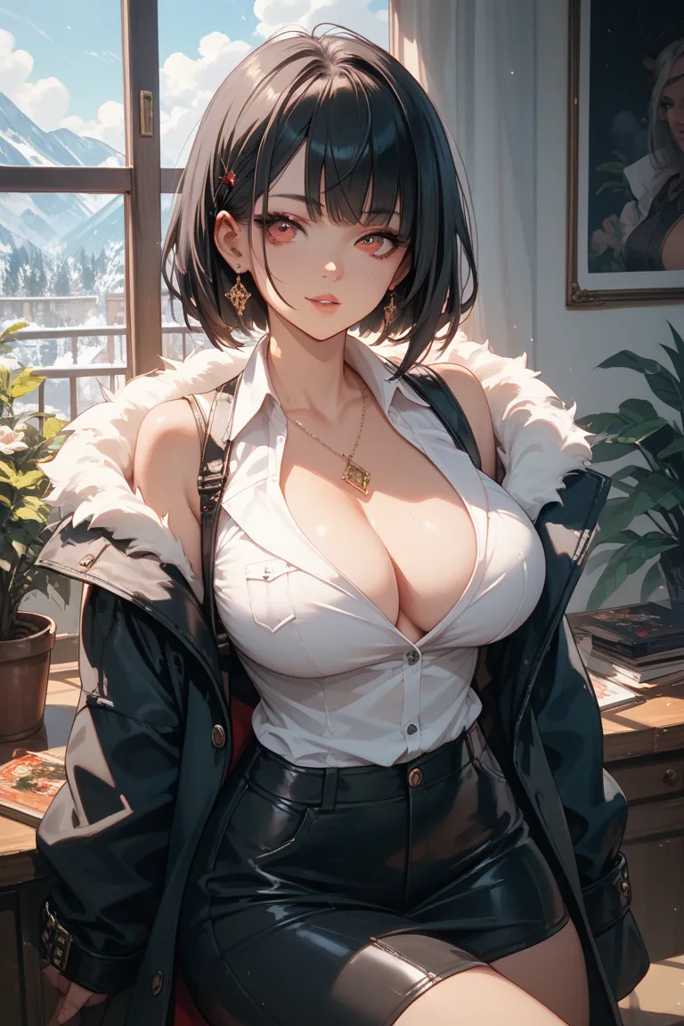 A cool, cool woman with short black hair, very big breasts, and sharp red eyes
I'm wearing a suit　