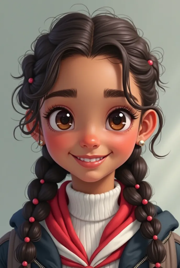 a young girl, around 17 with a smiling expression. She has a medium complexion and dark, curly hair styled into multiple braids, adorned with small pink beads. Her eyebrows are well-defined, and her eyes are large and expressive. She has a small, slightly ...