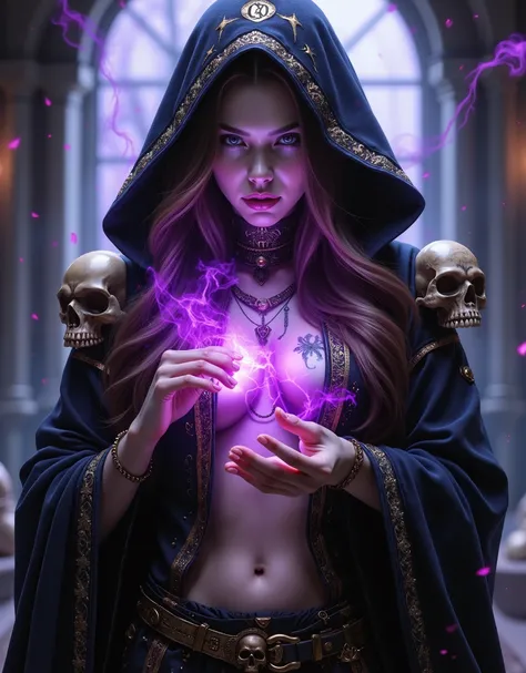 Create a close-up portrait (photorealistic: 1.3) of a powerful mage, with her face and upper body dominating the frame. He wears an intricately designed robe that exudes dark necromantic energy, cool tattoo, overlaid with a large number of skulls and bones...