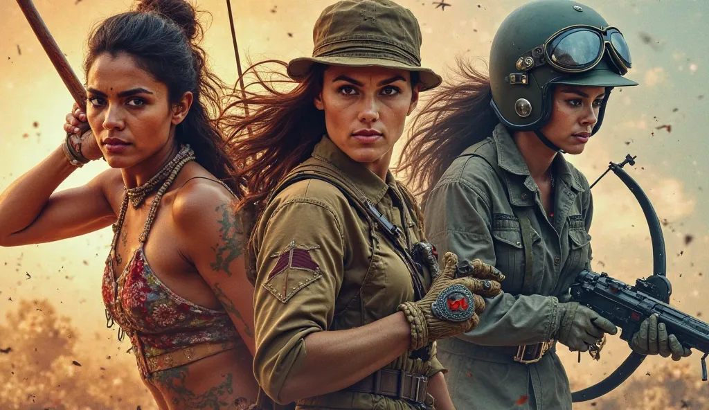 "A collage of historical female warriors from different eras, including a Native American fighter, a Civil War soldier disguised as a man, and a World War II pilot. Each figure is shown in action."
