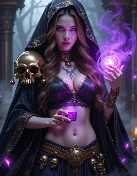 Create a close-up portrait (photorealistic: 1.3) of a powerful mage, with her face and upper body dominating the frame. He wears an intricately designed robe that exudes dark necromantic energy, cool tattoo, overlaid with a large number of skulls and bones...
