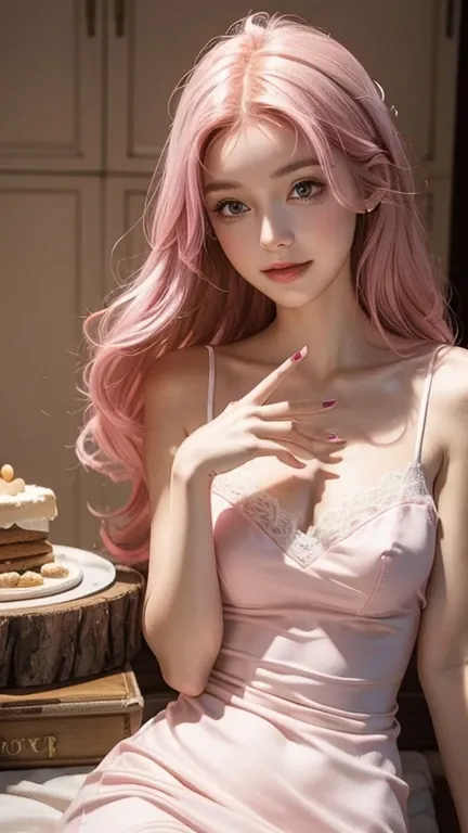 
Happy girl,  slim , dress with pink hair,in a white dress, she admires her long chocolate-like nails against the background of a gingerbread house 