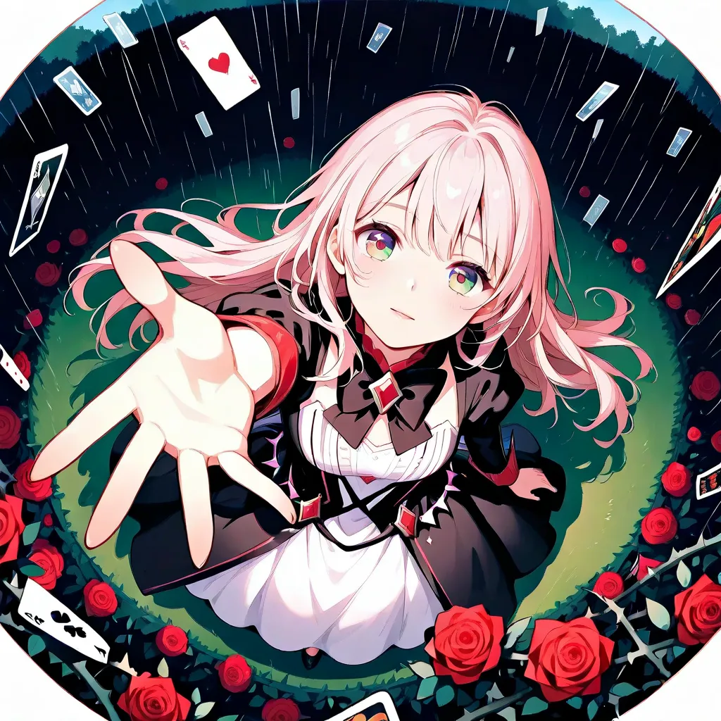 top view:1.37.(beautiful magician- color eyes-long hair, Dress，Alone).(outstretched arm,outstretched hand,reaching,reaching out).forest beneath feet,.fisheye perspective,top view。round border，Falling tarot cards，Rain of playing cards，Red Rose，thorns