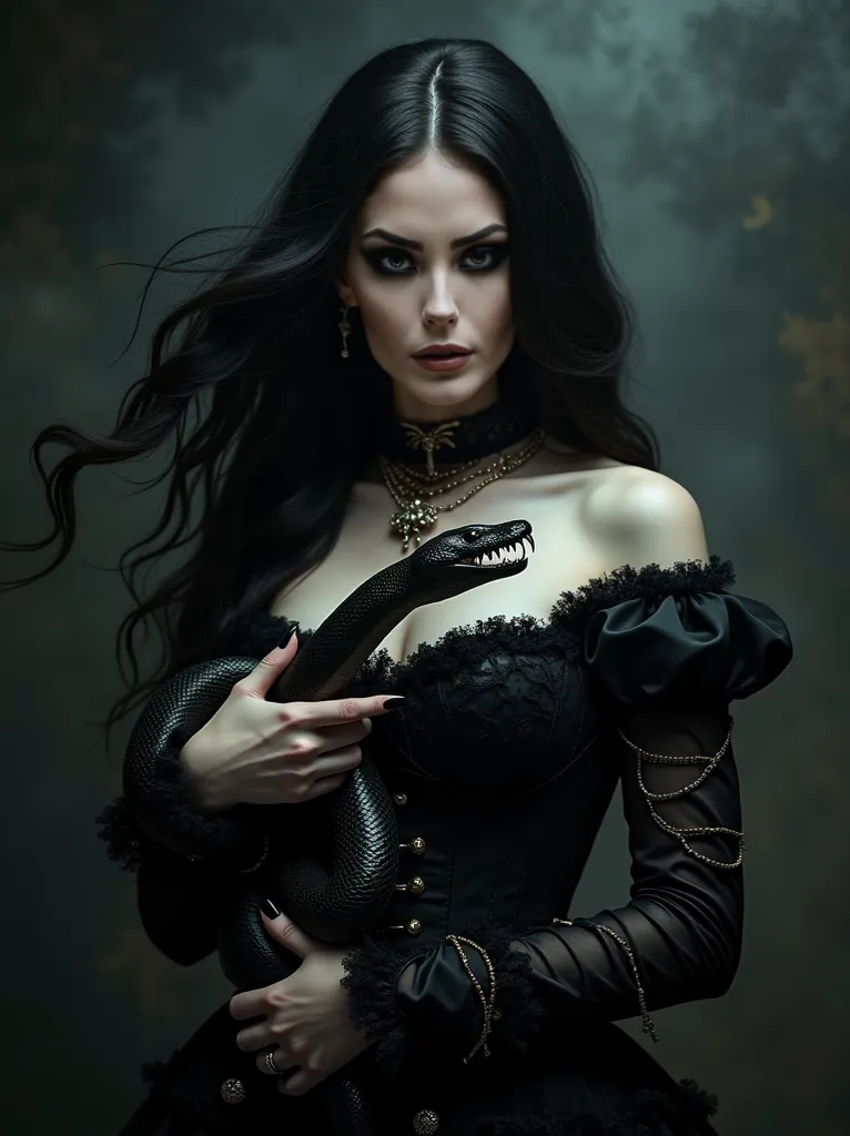 A goth woman of mesmerizing beauty, with pale skin and striking makeup, including deeply outlined eyes and dark lips. Her long, wavy black hair flows in the wind. She wears a sophisticated Victorian black dress, with lace details and a corset adorned with ...