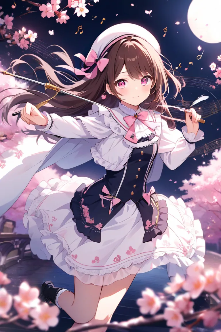 One Girl Wearing Lovely Frills, Brown Hair, Straight, Long Hair, Pink Eyes, White Beret, Long-Sleeved Dress Based on White、There are cute frills on the skirt、white cape, white lace-up boots, there are musical notes floating around her。The background of the...