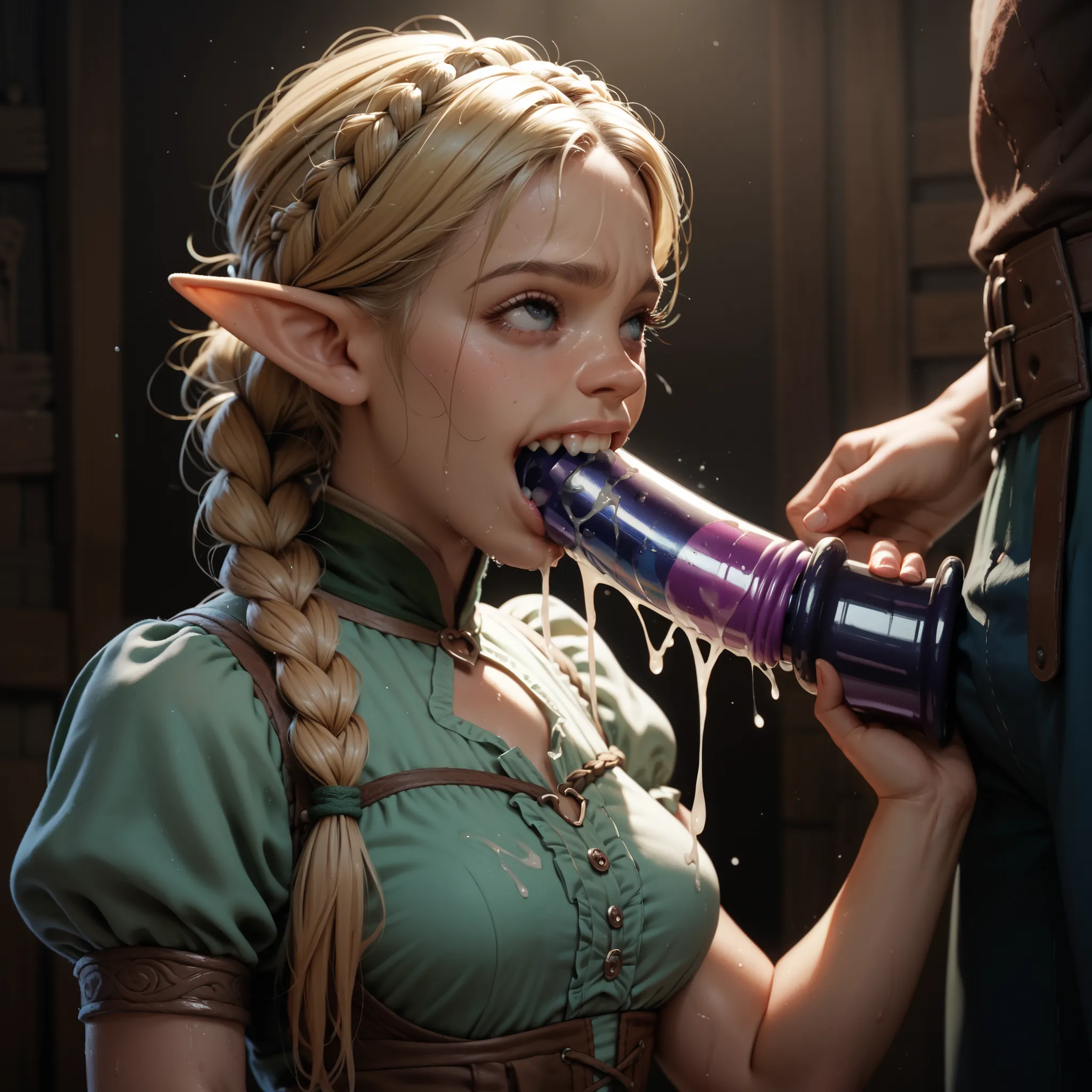 1 girl, 1 guy, standing against each other, young Elf with baby face, blonde with braid, medium breasts, ((girl bares teeth and leaned forward to bite into ejaculating huge dildo)), dressed, sweaty, in dark room, midnight