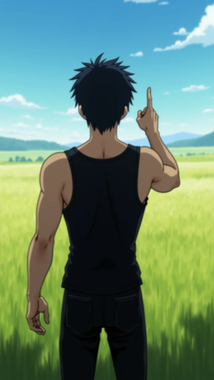 Anime style. guy 30 years old. With his back to us. black hair Dressed in a black tank top,  good physical shape, slightly substandard, black pants. He stretched his hand forward, as if pressing a button with your index finger. Back view. full length. Agai...