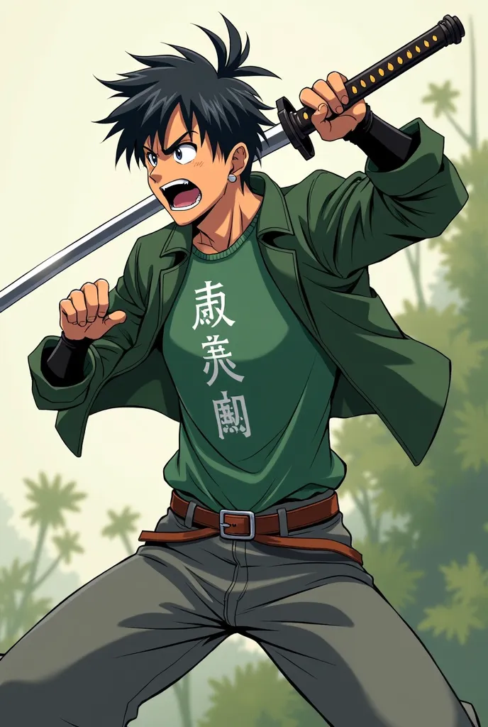  2D anime style , 2D anime guy with dark hair and grey eyes, t-shirt wearing a green marsh jacket, green t-shirt with 4 Chinese letters from top to bottom,  grey pants, brown belt, black boots, he stands in a fighting pose and holds a sword, swings his swo...