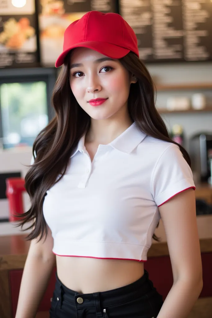 A hyper-realistic, highly detailed woman standing at a fast-food restaurant counter. She has an extremely slim waist, a narrow ribcage, and oversized, full, round breasts, creating a dramatic hourglass figure. Her curvy physique contrasts sharply with her ...