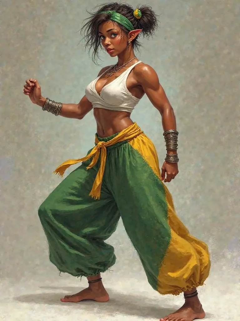 Strong mulatto woman Pixieliso with headband wearing white top wide bracelet on short arms long capoeira pants green and yellow bare feet defined light green eyes full body realistic 