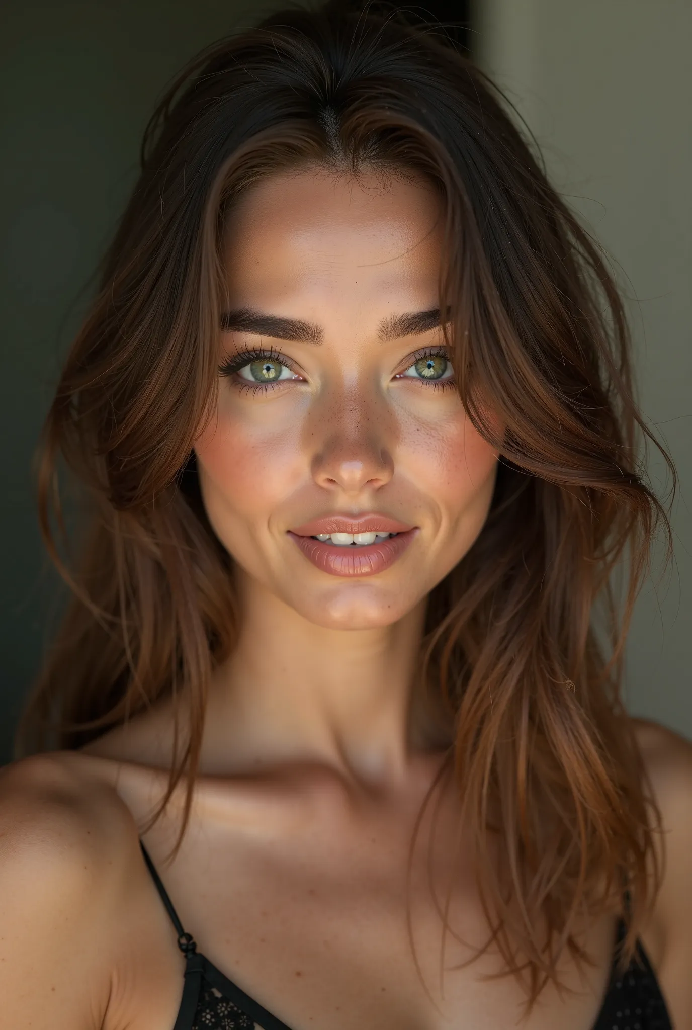 A hyper-realistic, high-resolution portrait of a breathtakingly beautiful 20-year-old Brazilian woman with European features, possibly of Italian or Spanish descent. She has a heart-shaped face with well-defined high cheekbones, a softly tapered chin, and ...