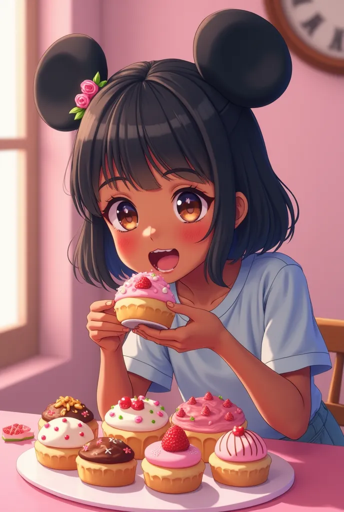 An attractive dark-skinned Japanese high school student eating a pile of Disney sweets