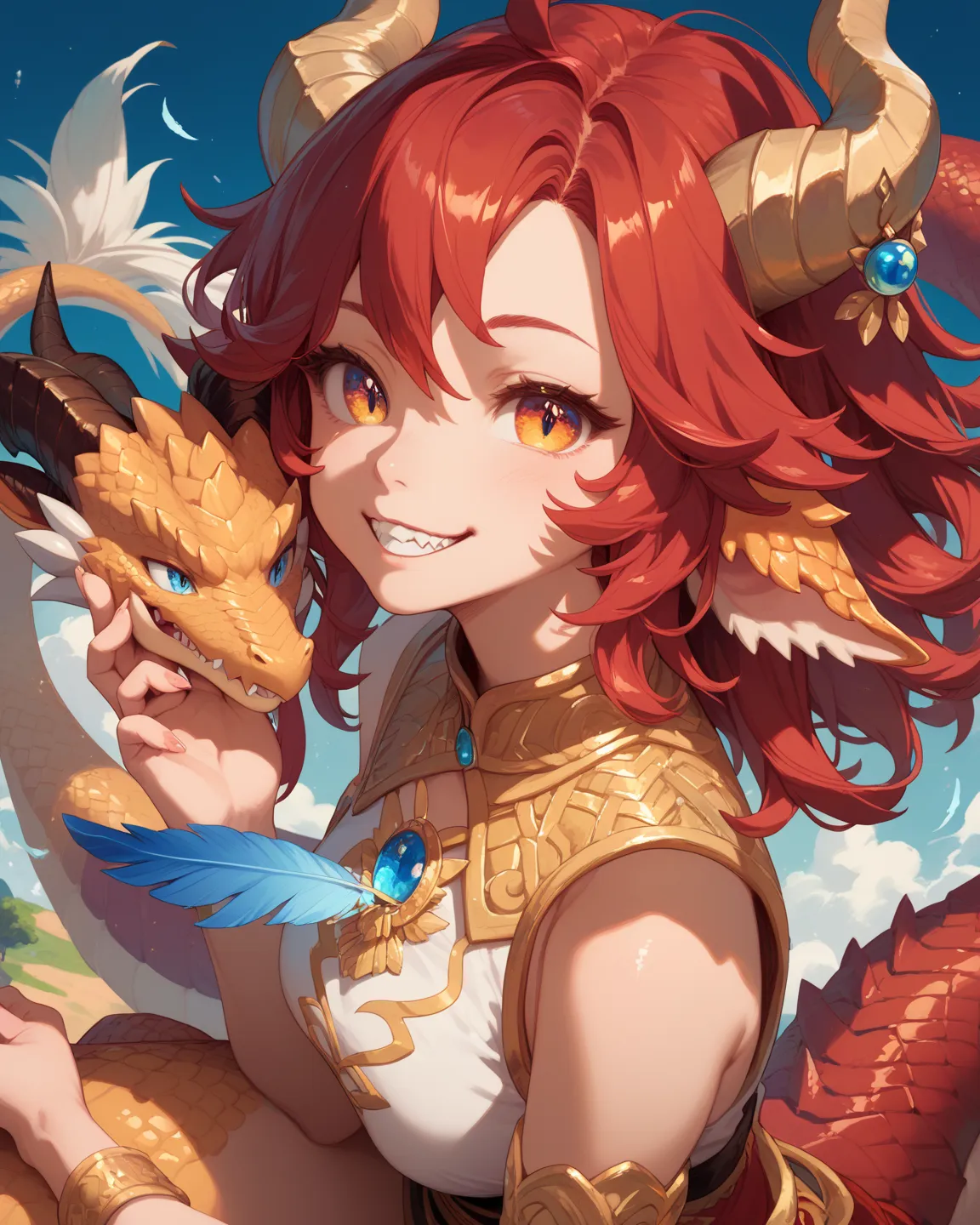   Right eye is blue,  left eye is golden,tail,鋭いtooth,  cute, kind eyes ,Horn,  Gold,Dragon Girl,red hair, red hair , horn,dragon feather,Dragon tail,tooth, Dragon Scales 