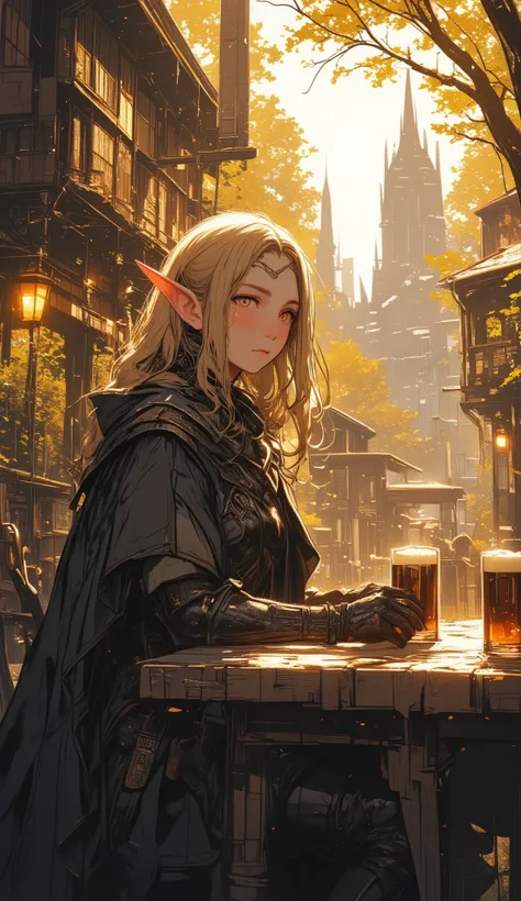 Image is a fantasy-style digital artwork depicting an elf sitting at an outdoor table in a sunlit, medieval village setting. The elf has long, flowing blonde hair and pointed ears, characteristic of elven features. She is dressed in dark, intricately detai...