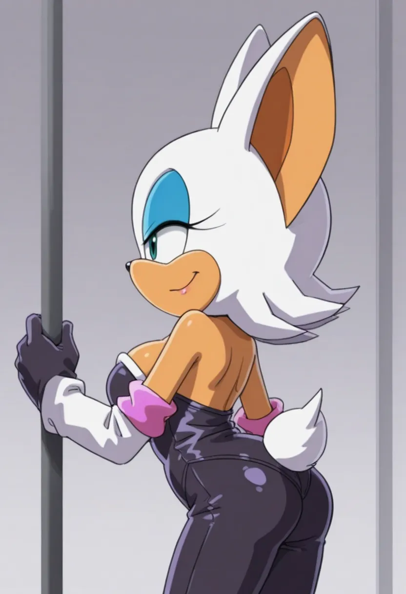 rouge the bat, sonic, 1girl, bunny outfit, black gloves, from side, from behind