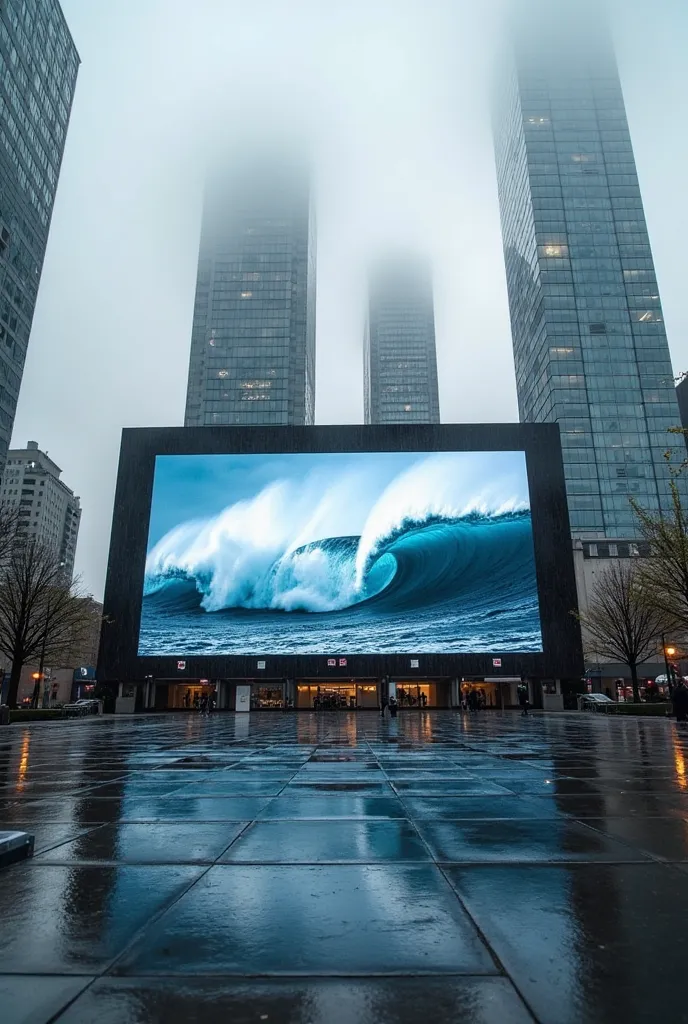 A low-angle shot captures a modern architectural scene on a wet day. The foreground features a wet, reflective surface,
possibly a plaza or street, mirroring the structures above. Dominating the view is a large, rectangular building with a massive LED scre...