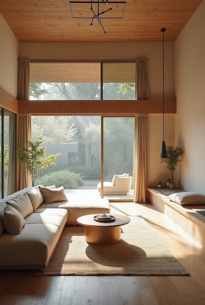 A serene, ultra-wide Japandi-style minimalist living room bathed in natural light. A spacious open-plan area with a low-profile beige linen sectional sofa, positioned around a round wooden coffee table. The far end of the room features a built-in wooden be...