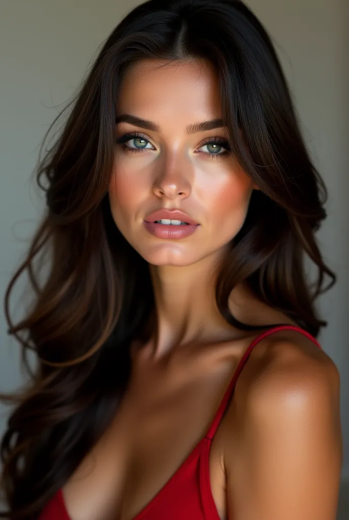 "A hyper-realistic portrait of an incredibly beautiful 25-year-old brunette woman with perfectly balanced facial features exuding harmony. She has long hair cascading down her shoulders, strikingly striking eyes with a seductive gaze, full, luscious lips, ...