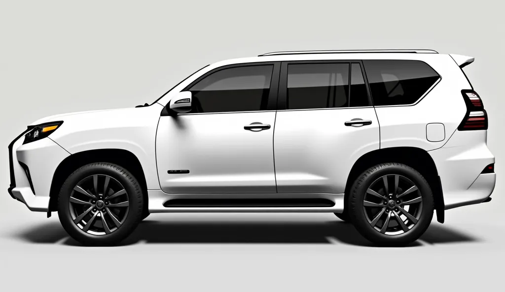 "A full side-profile shot of the 2025 Lexus GX in white, displaying its muscular wheel arches, 20-inch alloy wheels, and sleek body lines. The aerodynamic shape and high ground clearance highlight its off-road and luxury capabilities