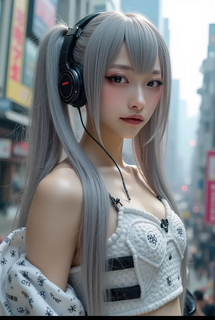 Japanese　　woman　　Futuristic city background　(((twin tails　silver hair in two beds))) 　healthy skin color　 severe face 　Rounded outline　gentle eyebrows 　round eyes　sagitales　　cyberpunk　　full bodyサイボーグ　headset microphone　　full body　