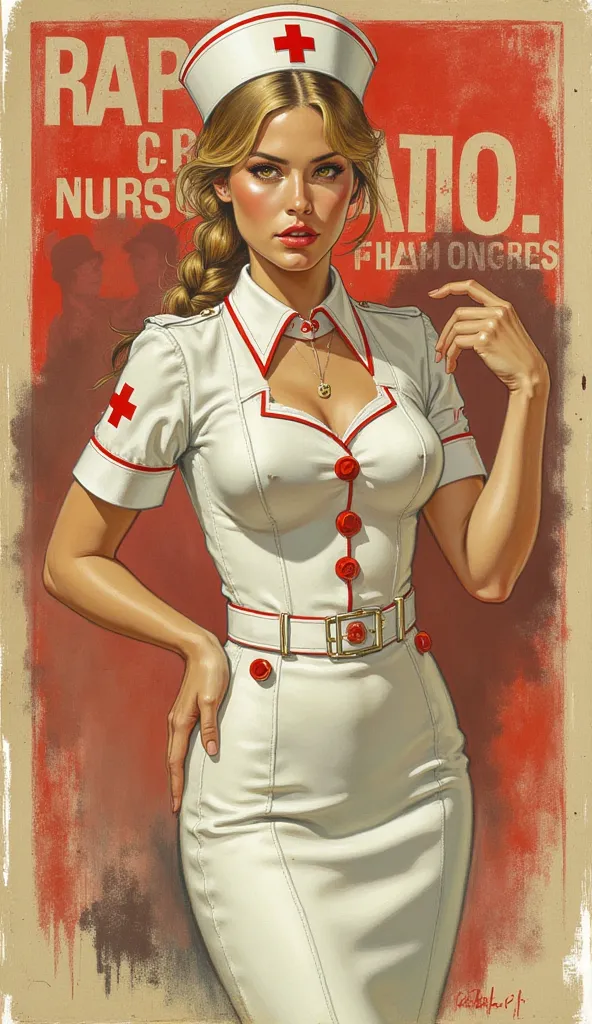 Detailed proportions and textures and multi-color with airbrushed brush strokes that presents a semi-realistic illustration in ChineseA beautiful and delicate young woman wearing a Prussian and military-punk style nurse uniform where white and red tones pr...