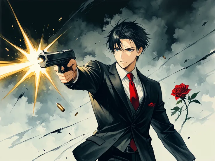 1boy ,weapon,alone,male focus,gun,traditional media,formal,suit,firing,necktie,handgun,marker (medium),black hair,holding gun,red rose,score_9,score_8_up ,(Bullet Time Dodge),(ルパン3世:1.5),カウンターで狙い撃つ,age up