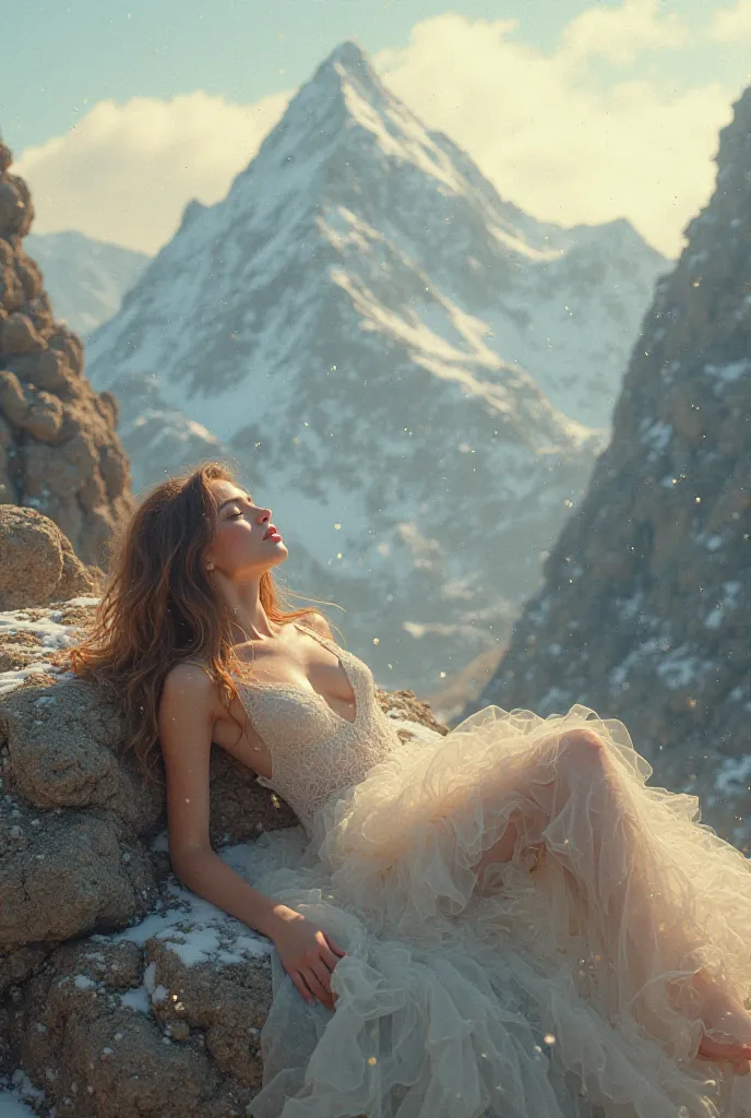 A very beautiful woman lying on the mountain 