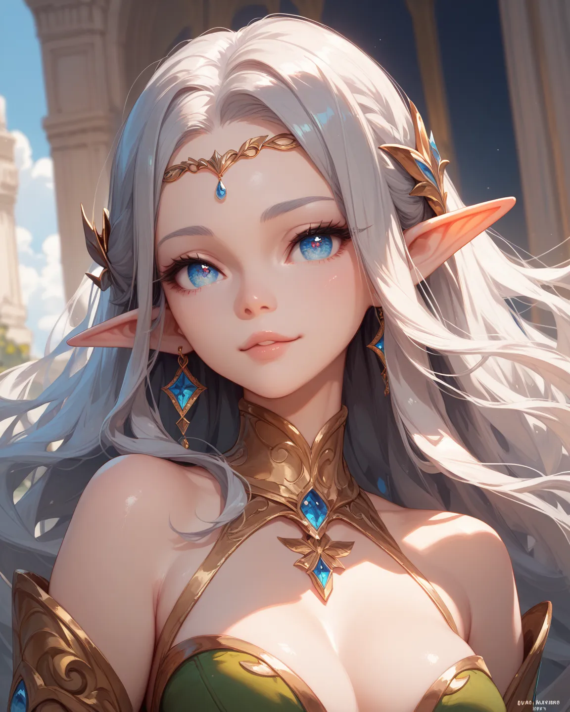   Right eye is blue,  left eye is golden,  cute, kind eyes ,pointy ears, Elf,Gray Hair,white skin,beautiful skin,1 girl, solo, long hair, 