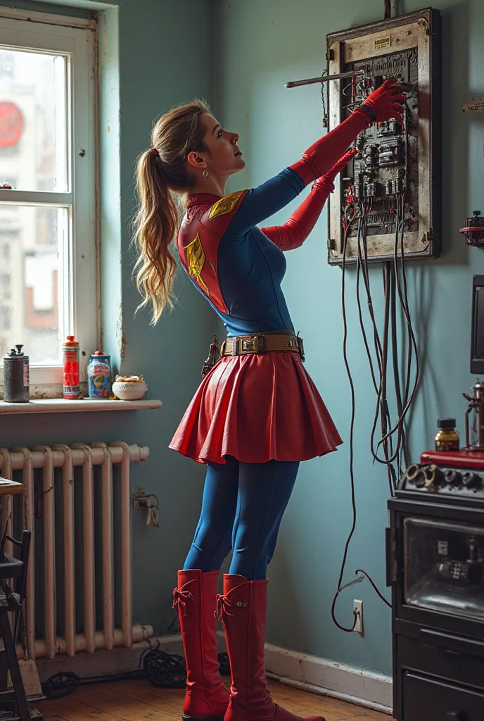 Inside Spider-Man’s small, cluttered apartment in Queens, Electrician Supergirl is hard at work fixing the damaged electrical board mounted high up on the wall. She’s wearing a stylish yet practical outfit: a red-and-blue skirt with a golden lightning bolt...