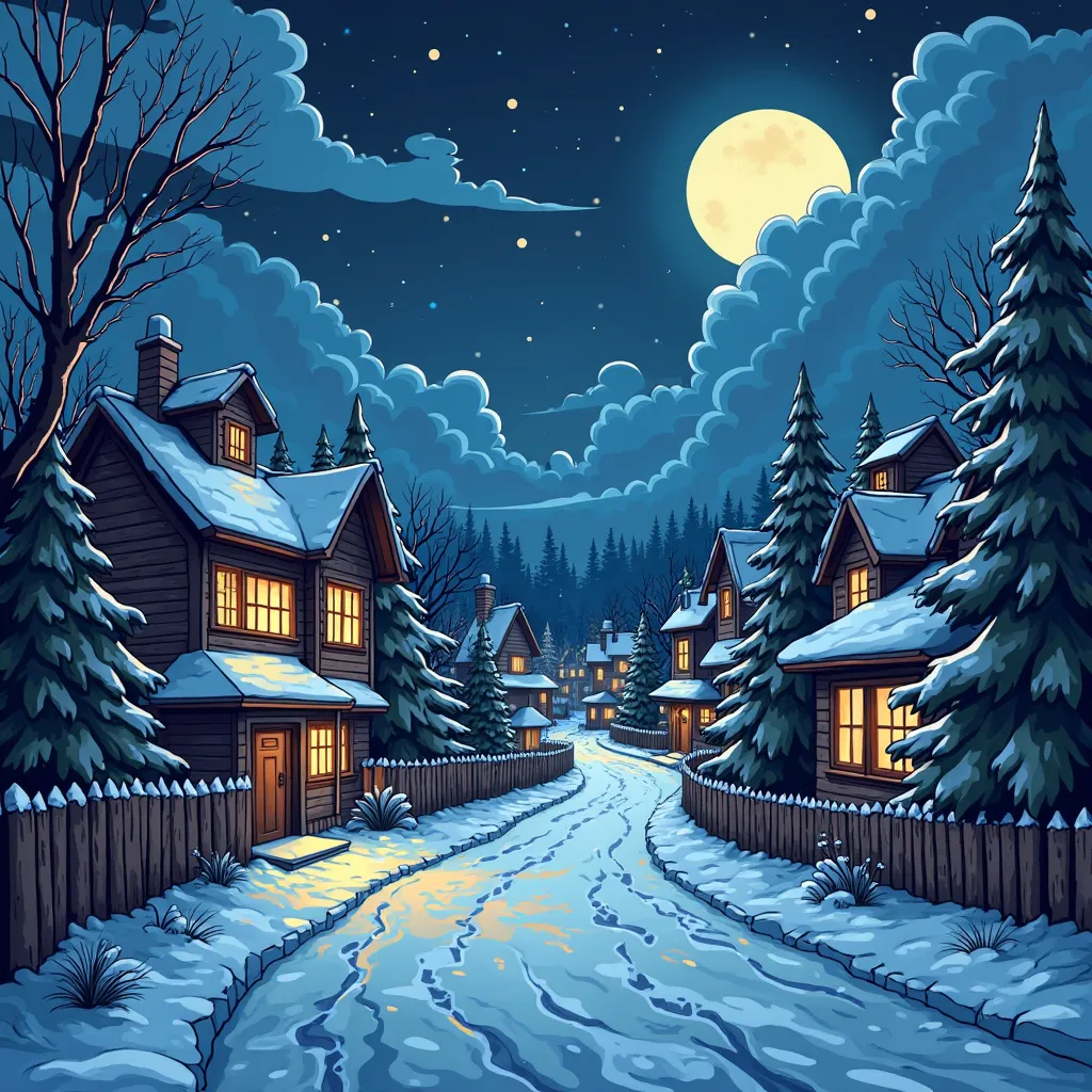  un background in stile gotico cartoon fantasy, with marked lines, bright colors and stylized details, in such a way that it depicts a nightmare-style nightmare-style night town before Christmass, and that they are bordered at the top with clouds, making i...