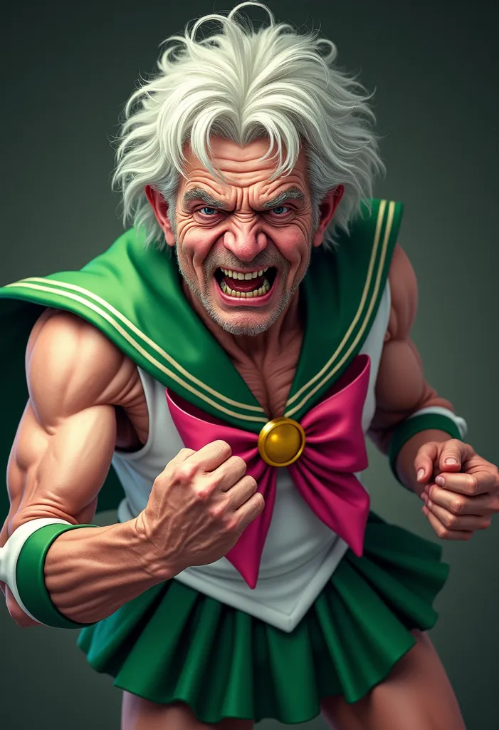 Fusion of Perverted Uncle Super Ferocious Sailor Jupiter
Head、The face is a perverted old man wearing a Sailor Jupiter costume from Bishoujo Senshi Sailor Moon
Perverted old man doing punching