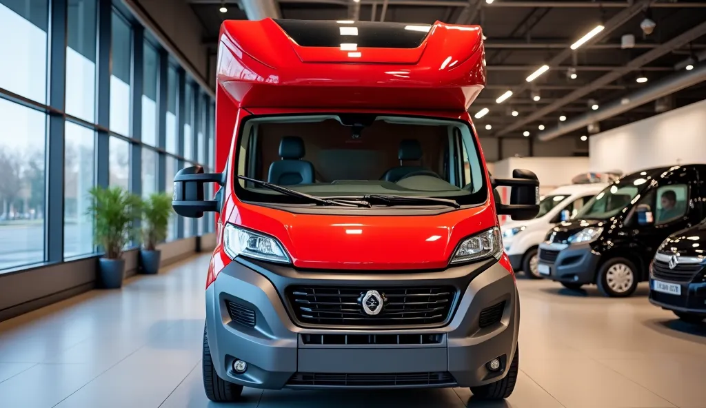 Winnebago motorhome in colour Red Front view paking in Showroom 