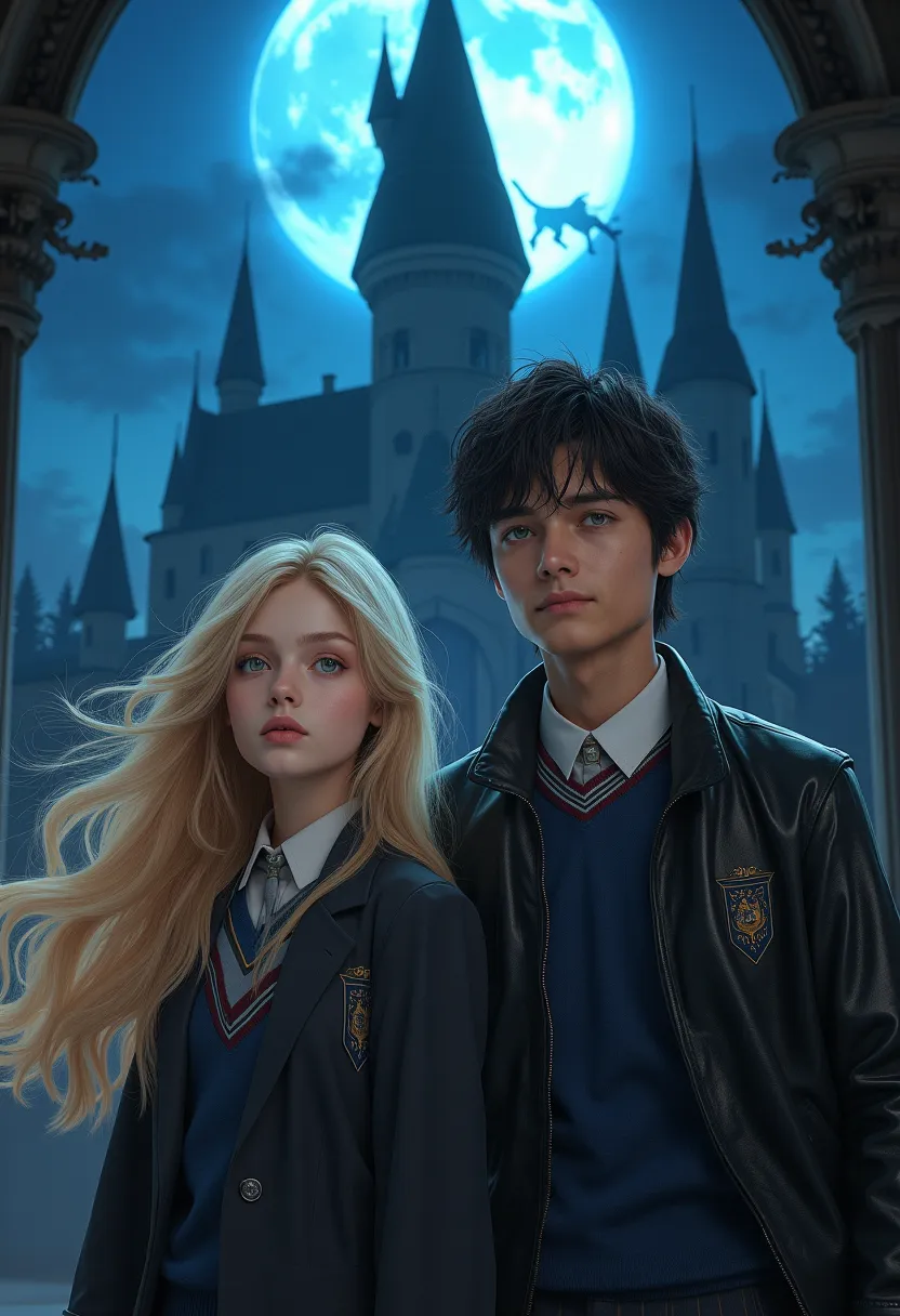 A beautiful young woman in academy uniform. Blonde hair blue eyes. A handsome young man in matching academy uniform and a black leather jacket. Dark hair, green eyes, muscular. A gothic academy building. Bright blue moon and the shadow of a wolf in the sky...