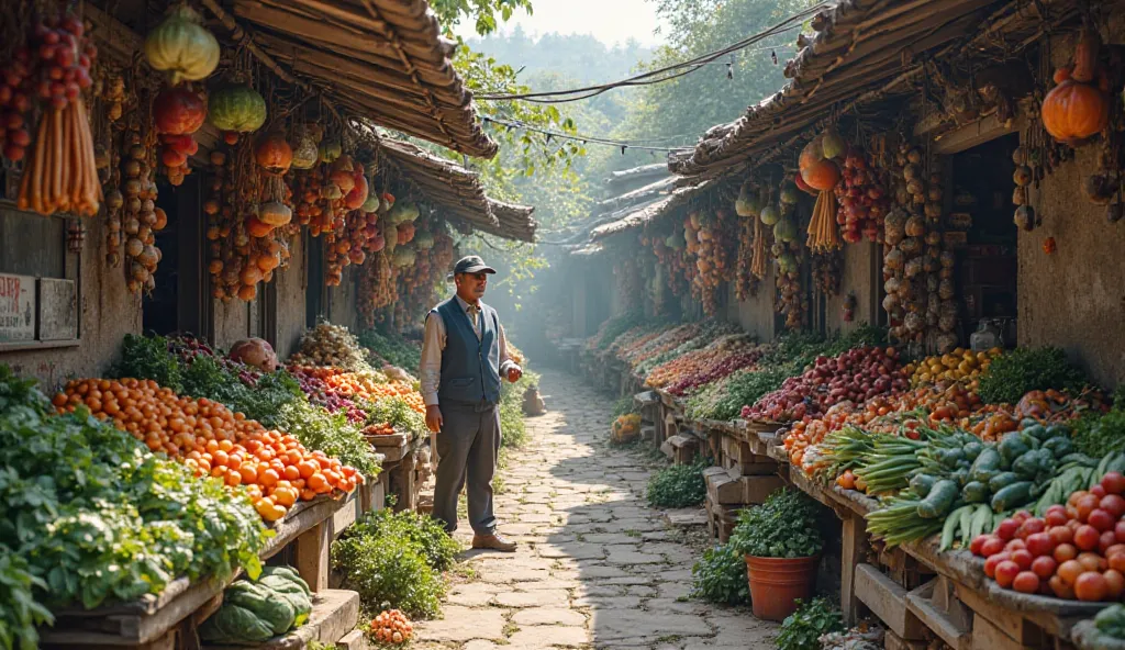 There is a vegetable market in a vegetable shop in an old popular neighborhood in a very poor village in an old village of high quality. The picture is very good without people. The market is very large and wide. There are many shops that buy vegetables, a...