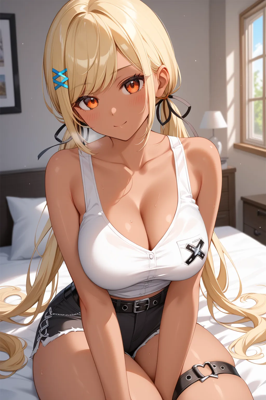 master piece、Best Quality,Super detailed,High resolution,Extremely detailed CG,Unity 8K Wallpaper,weat,score_9, score_8_up, score_7_up, score_6_up, score_5_up, score_4_up, source_anime,QpiCas, (orange eyes), dark skin, blonde hair, long hair, swept bangs, ...