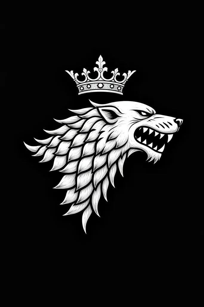 Here’s a refined prompt to ensure a 

"A medieval-style emblem featuring a fierce direwolf in profile, symbolizing House Stark. The direwolf has sharp, detailed fur and an aggressive snarl, facing sideways. Above its head is an ornate medieval crown, signi...