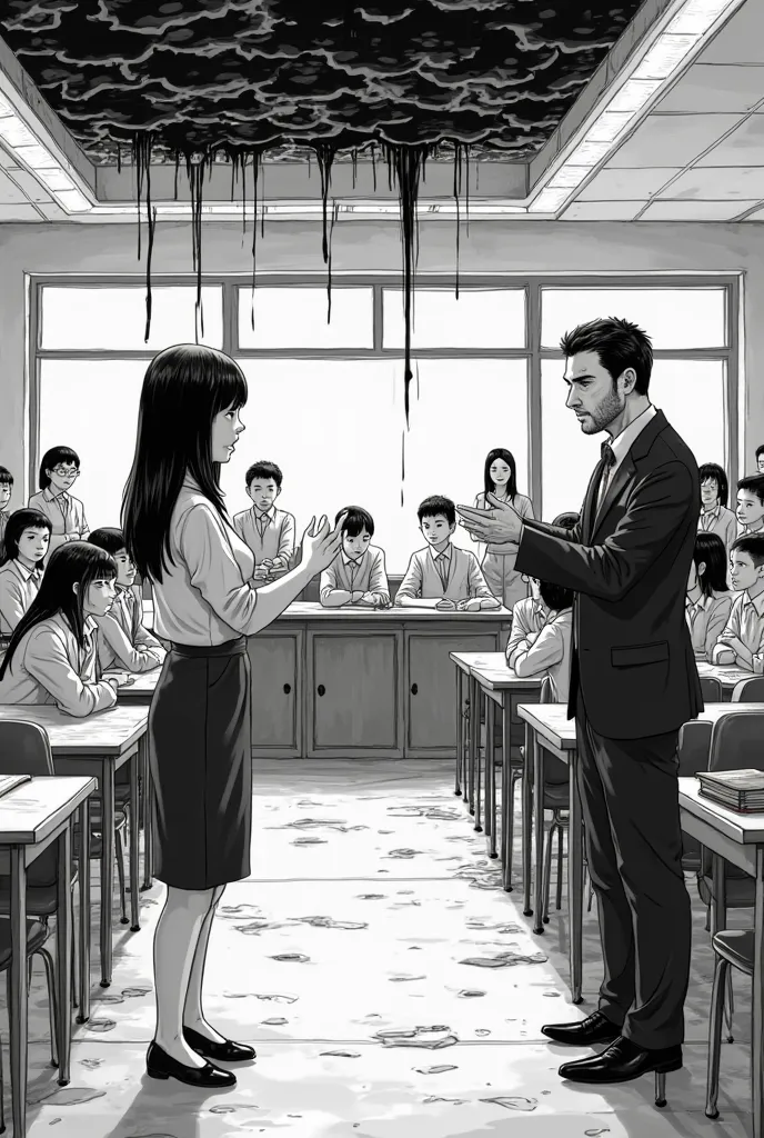 Make a comic book image in manga style, Where you can see a school classroom. The teacher shows the roof leaks to her rector to see what they do to repair the roof