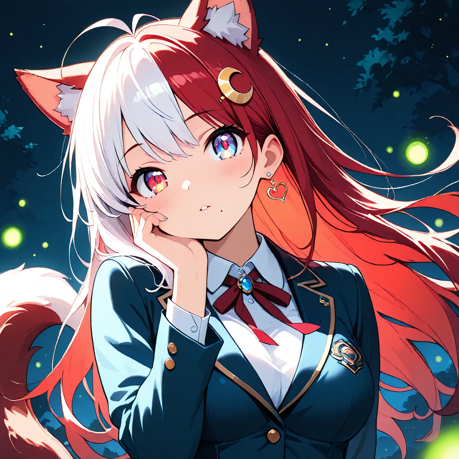 1girl, Masterpiece, Ahoge, Antenna Hair, Multicolored Hair, Red Hair, White Hair, Multicolored Eyes, Blue Eyes, Red Eyes, 8K, hyper-detailed, cinematic lighting, vibrant colors, dramatic atmosphere, dancing fireflies, Medium Breasts, blazer outfit, Looking...