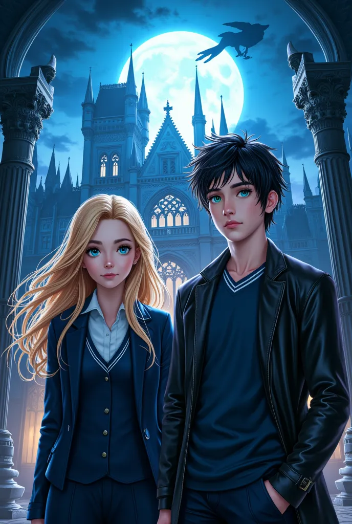 A beautiful woman in academy uniform. Blonde hair blue eyes. A handsome man in matching academy uniform and a black leather jacket. Dark hair, green eyes, muscular. A gothic academy building. Bright blue moon and the shadow of a wolf in the sky. Hyper real...