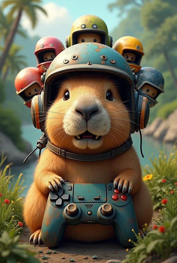 A capybara with some helmets and a controller playing the game