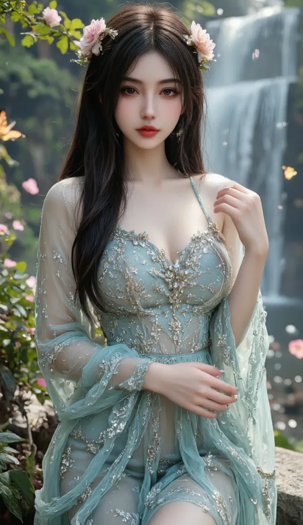 *"A hyper-detailed anime-style portrait of a breathtakingly beautiful young woman with long, flowing black hair adorned with delicate floral accessories. Her deep crimson eyes shimmer under soft, natural lighting, creating an enchanting gaze. She wears an ...