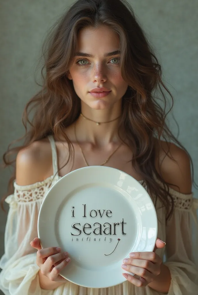 Beautiful girl with long wavy hair, bohemian dress, holding a white plate with the text "I Love Seaart Infinity" and showing her to the spectator 