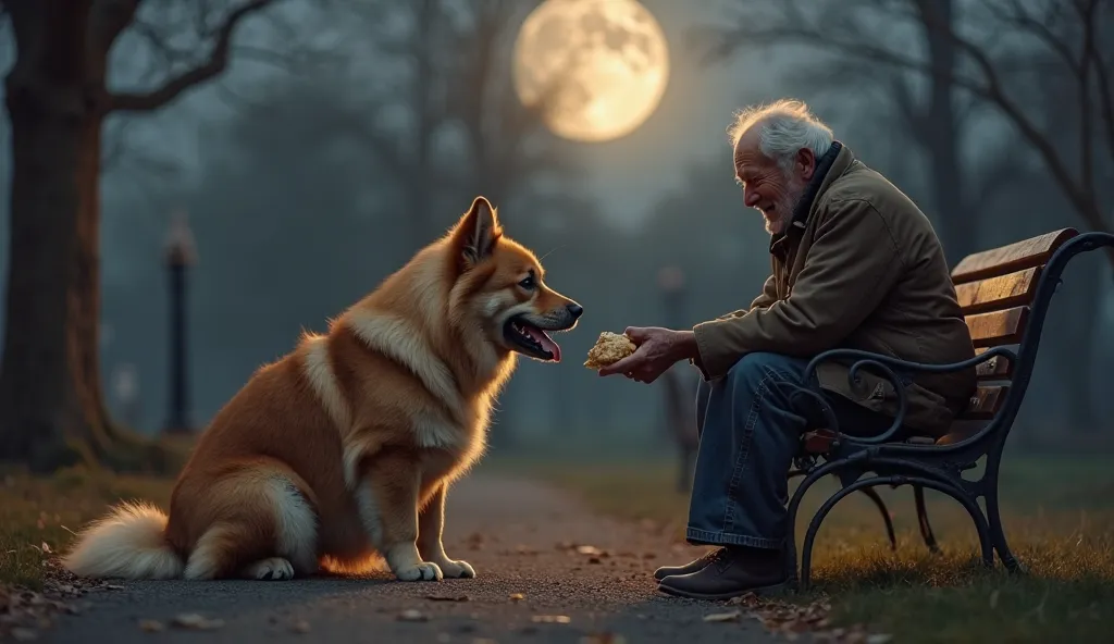 A very chubby and adorable dog with long fur stands like a human, sitting on the ground in a quiet park under the soft glow of the moon. A kind old man with warm eyes and a gentle smile sits on a nearby bench, extending a piece of food towards the dog. The...