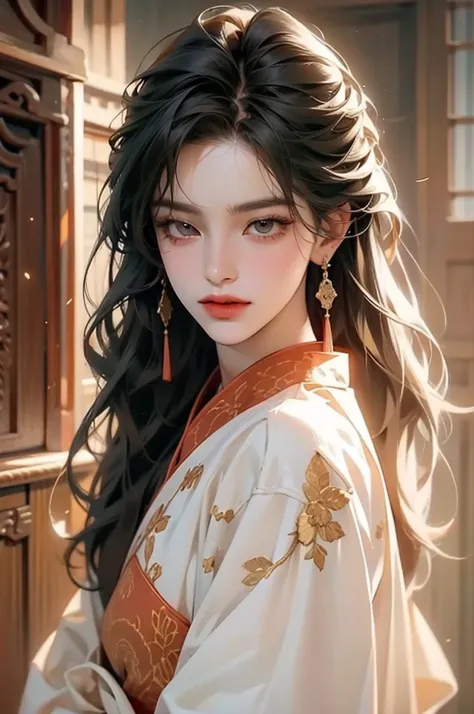 Masterpiece, best quality,(artist) very detailed, 1woman, black hair and black eyes, long and wavy hair, white and red and gold colored hanfu
