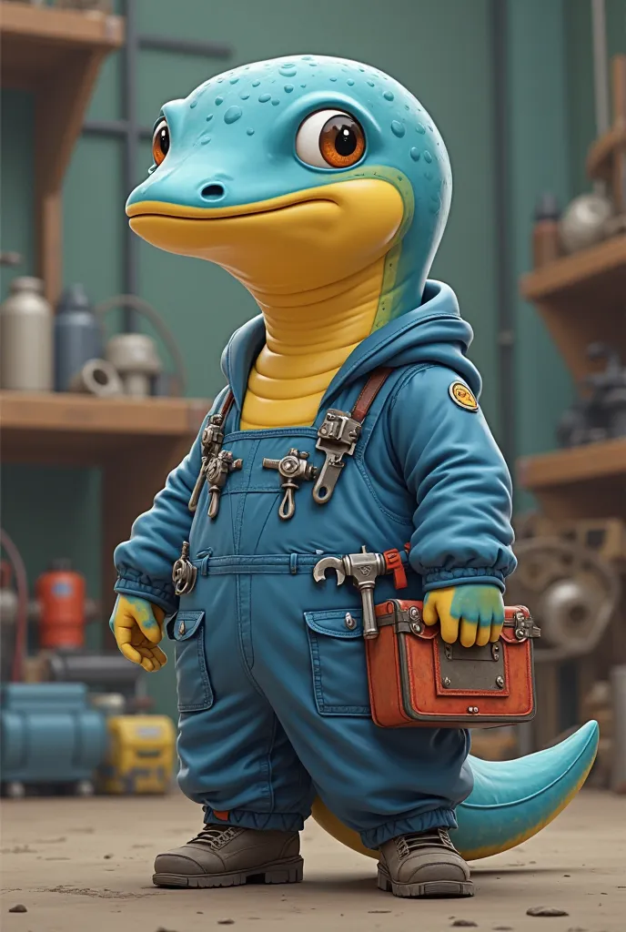 I want an image of a cartoonish average engineer electric eel that has: hull, toolbox and apron or jumpsuit