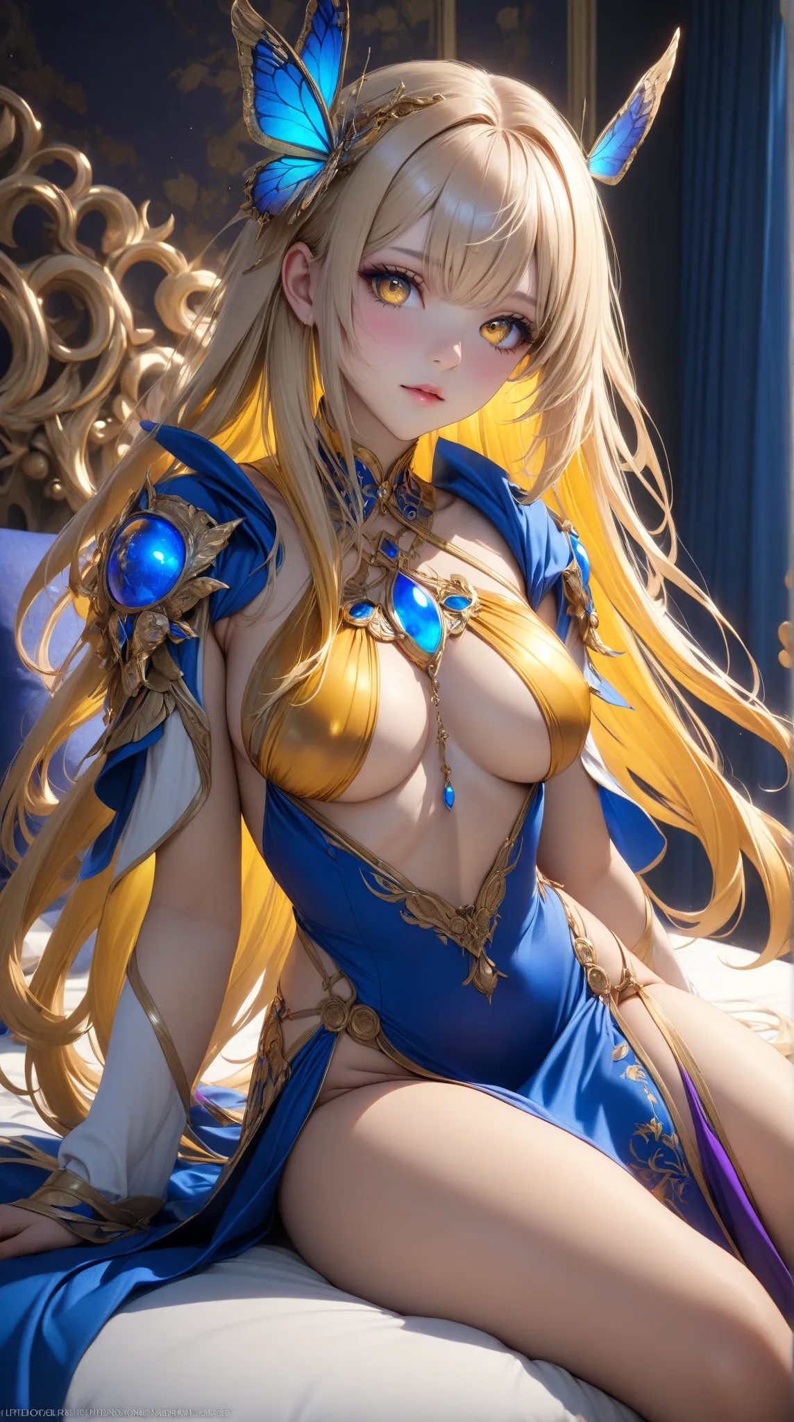 1girl, Aeonis Lumira, very long smooth straight vibrant golden hair with inner blue to purple gradient hair, majestic golden eyes, beautiful perfect face, sitting in a room on bed wearing skimpy exotic clothes, masterpiece, aesthetic, Super Detailed, UHD, ...