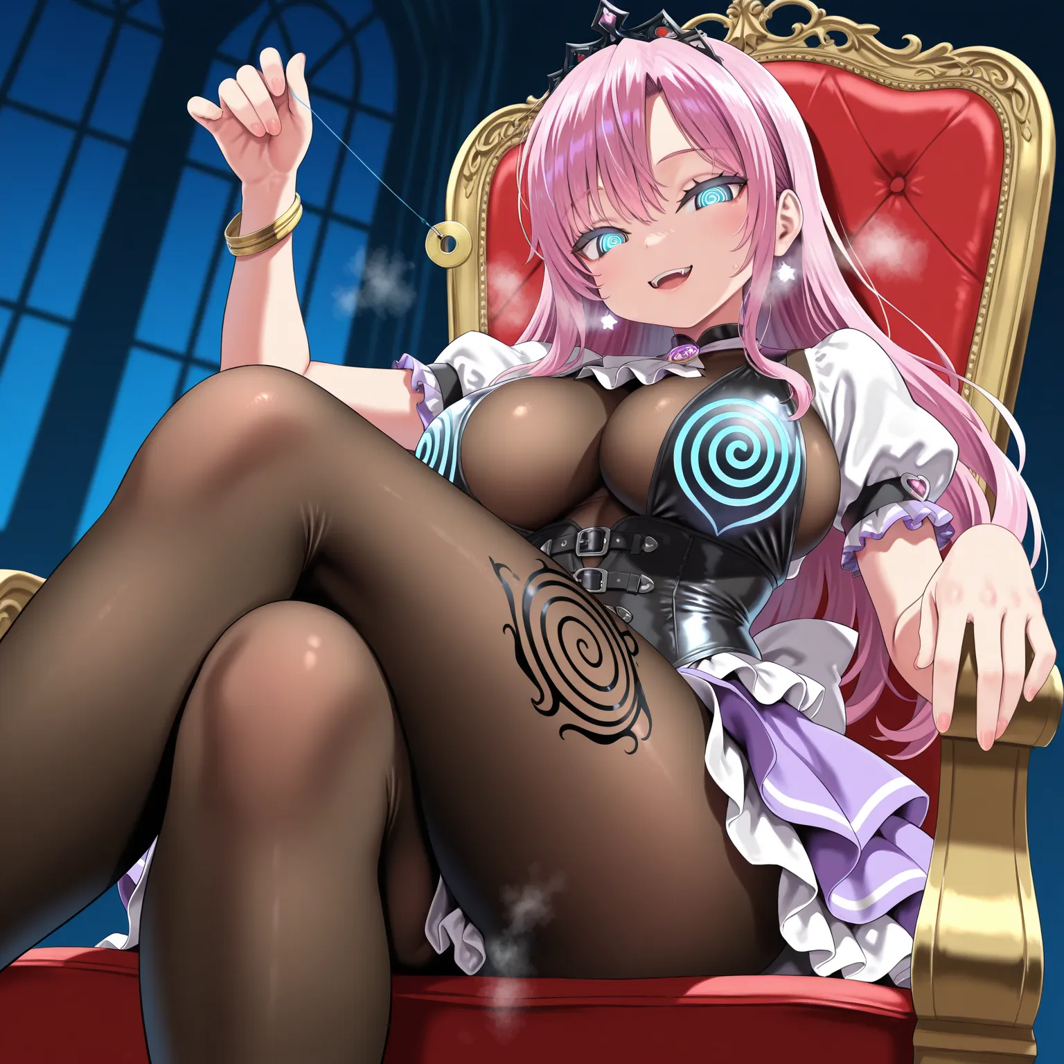 score_9, score_8_up, score_7_up, 1girl, solo, (top quality, 8k), high resolution, smooth, best quality, highly detailed, looking at viewer, , sitting on throne, looking down at viewer, knees up,                                                              ...