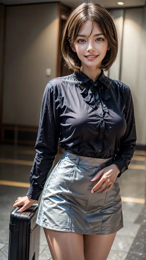 A beautiful, 24-year-old Japanese woman with perfect anatomy, healthy thighs, beautiful legs, beautiful skin, random hair color and style, large breasts, (wearing a flight attendant uniform with a mini-skirt:1.3), (she is standing:1.2), full body shot, pum...