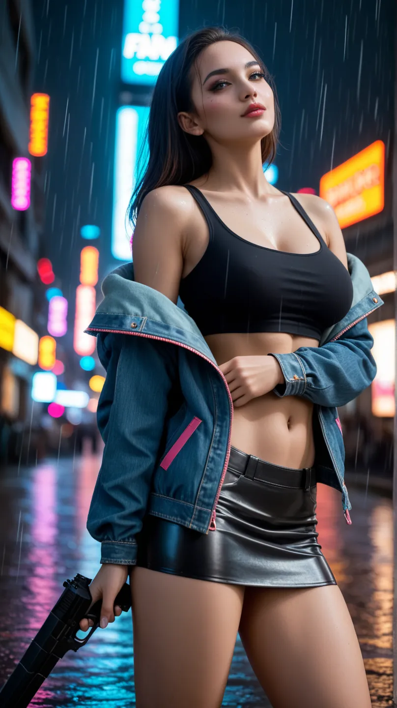 [A realistic cyberpunk woman big breast,  wearing a tank top and a mini skirt, with a denim jacket. She has a sword on her back and a long-barreled pistol holstered at her side. The scene is set in a vibrant, futuristic cityscape with neon lights, rain-soa...