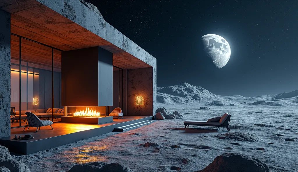  Futuristic industrial-style villa, large living room with fireplace-lots of windows, spectacular bright night atmosphere on the moon in space
